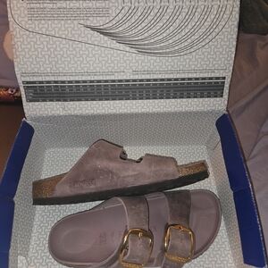 Birkenstock Men’s Arizona Suede Sandals in Taupe with Gold Buckles